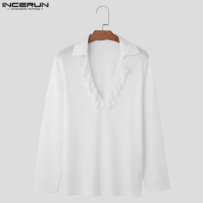 Fashion Casual Style Tops INCERUN Men Solid Ruffle Edge Splicing Shirt Stylish Clubwear Men Long Sleeved Lapel Blouse S-5XL 2024