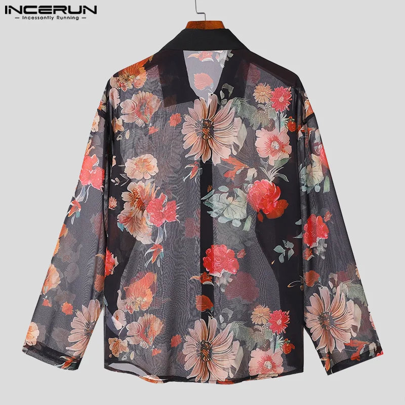 INCERUN Tops 2024 American Style Sexy Fashion Men's Flower Printed Shirt Casual Clubwear Hot Sale Thin Long Sleeved Blouse S-5XL