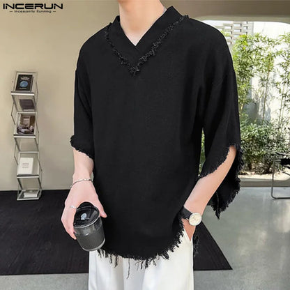 Stylish Casual Style Tops INCERUN 2024 New Mens Textured Tassel V-neck Design T-shirts Summer Male Medium Sleeved Camiseta S-5XL