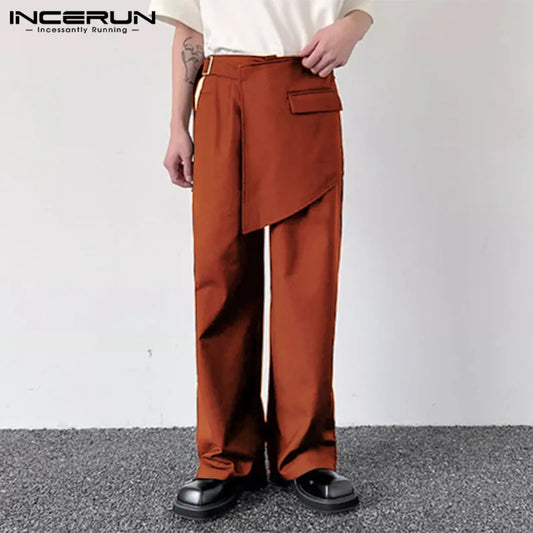 INCERUN 2024 Korean Style Pantalons Mens Stylish Solid Irregular Design Trousers Leisure Streetwear Hot Selling Long Pants S-5XL