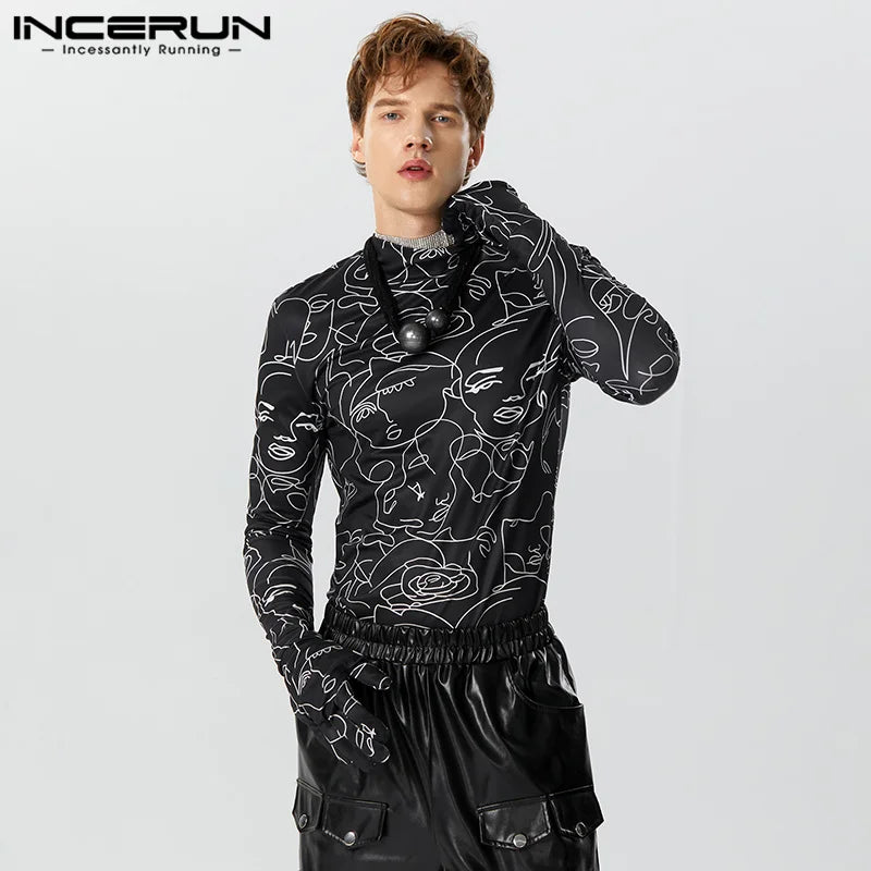 Fashion Personality New Men Tops INCERUN Art Abstract Face Pattern T-shirts Casual Streetwear Thimble Long Sleeve Camiseta S-3XL