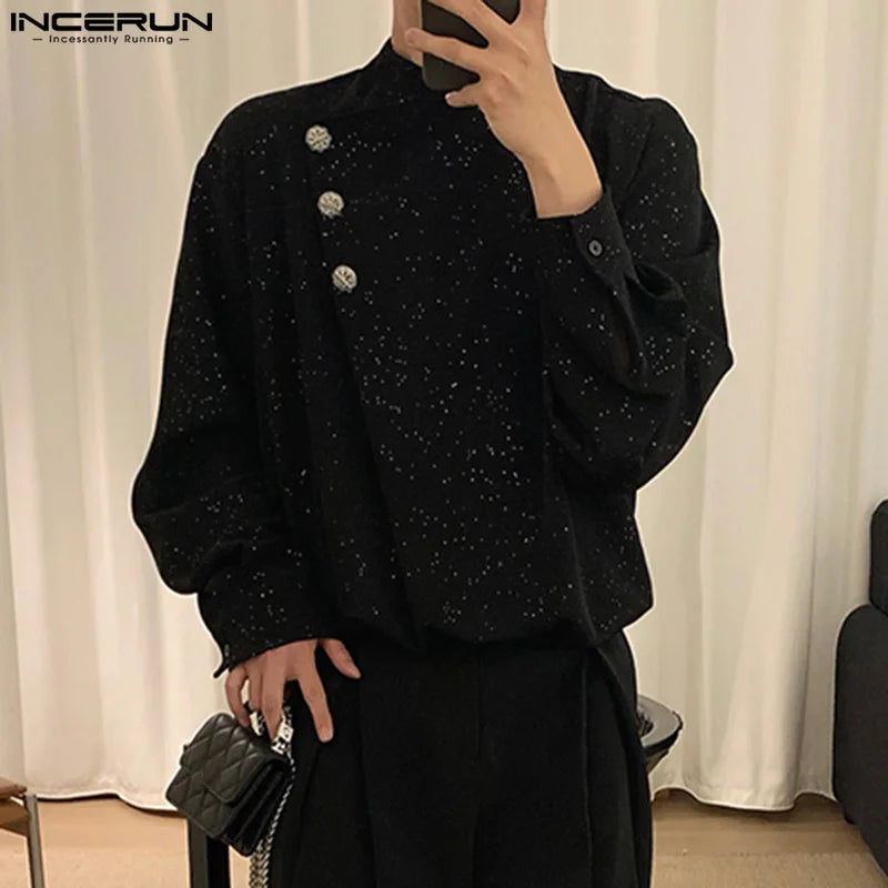 Fashion Well Fitting Tops INCERUN 2024 Mens Sparkling Pile Collar Slanted Placket Design Shirts Casual Long Sleeved Blouse S-5XL