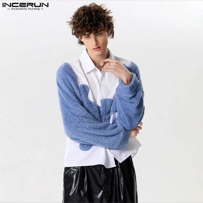 INCERUN Tops 2024 American Style New Men's Personality Suede Patchwork Irregular Shirts Fashion Casual Long Sleeved Blouse S-5XL