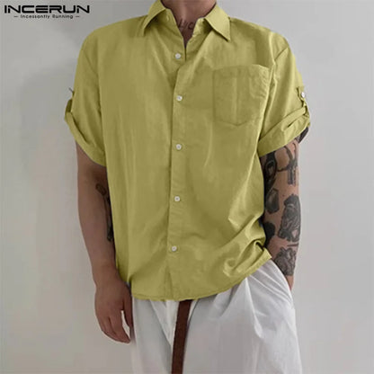 Stylish Well Fitting Tops INCERUN New Men Summer Clothing Casual Solid Shirt Fashion Streetwear Short Sleeved Lapel Blouse S-5XL