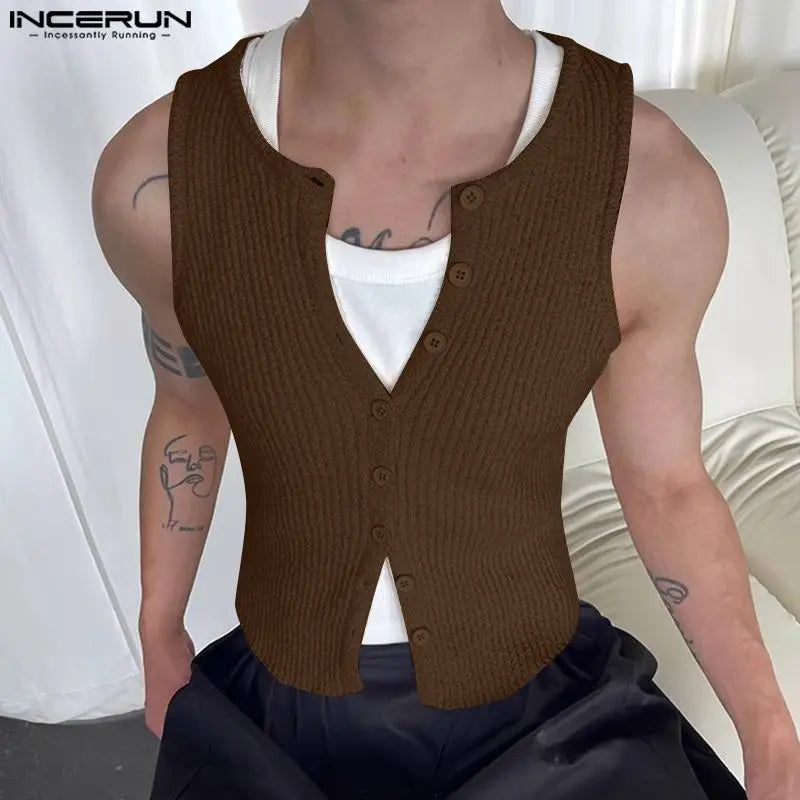 INCERUN Tops 2024 Korean Style New Men's Thick Pit Striped Knitted Vests Summer Streetwear Male Solid Sleeveless Tank Tops S-5XL