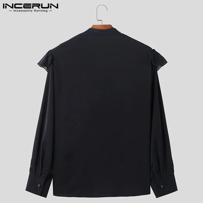 Fashion Well Fitting Tops INCERUN New Mens Ruffle Design Shirts Casual Party Shows Male Hot Sale Solid Long Sleeved Blouse S-5XL