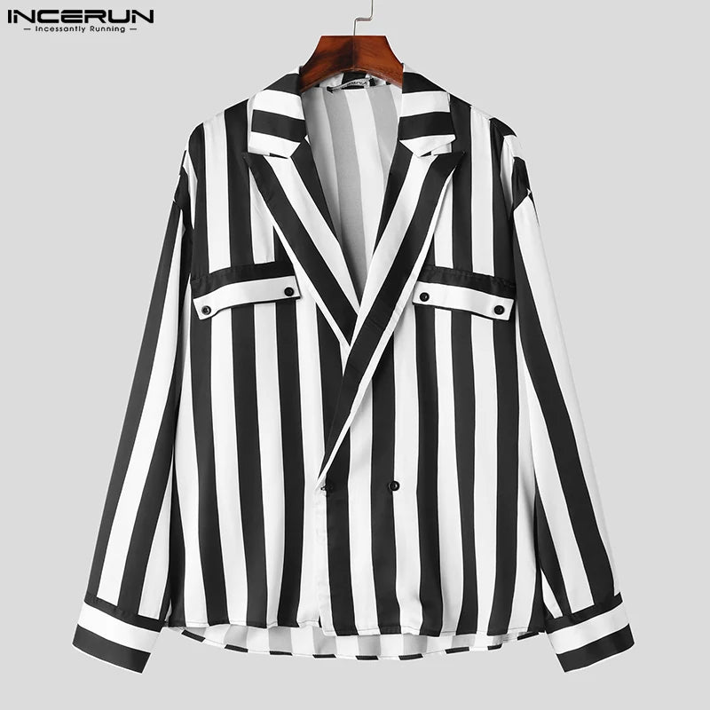 INCERUN Tops 2024 Style américain Nouveaux hommes Personnalité Noir et blanc Rayé Poche Chemises Décontracté Vente Chaude Chemisier À Manches Longues S-5XL