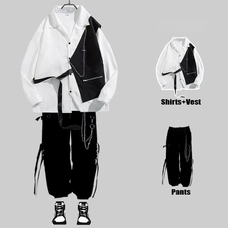 HOUZHOU Techwear Men's Sets Cargo Pants Men's Shirt Kit Long Sleeve Shirts Korean Streetwear Hip Hop Harajuku Spring