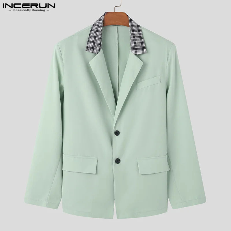 Fashion Casual Style Tops INCERUN Men's Plaid Neck Splicing Suit Coats Streetwear Handsome Male Loose Long Sleeved Blazer S-5XL