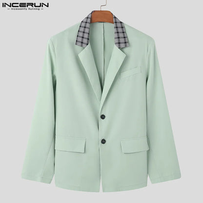 Fashion Casual Style Tops INCERUN Men's Plaid Neck Splicing Suit Coats Streetwear Handsome Male Loose Long Sleeved Blazer S-5XL