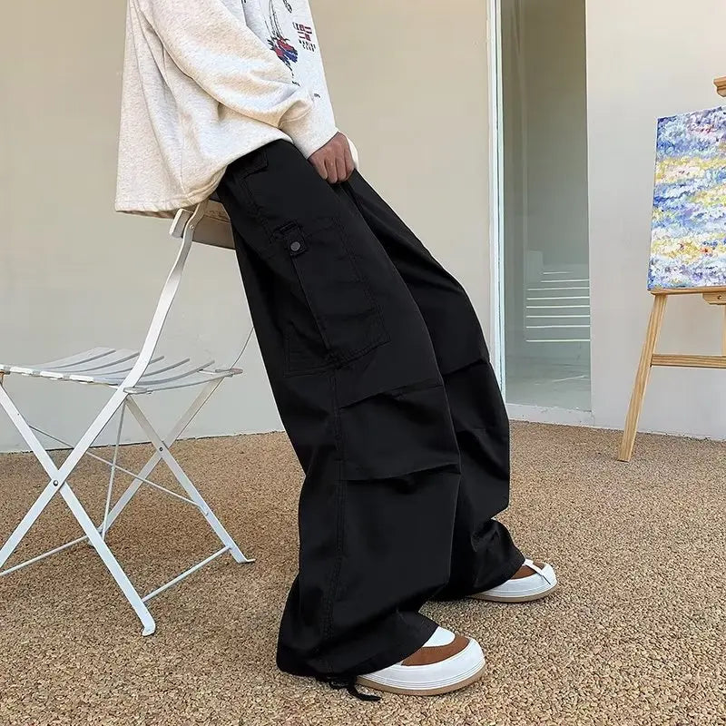 HOUZHOU Green Cargo Pants Men Japanese Oversize Wide Leg Trousers Male Black Loose Casual Streetwear Hip Hop Safari Style