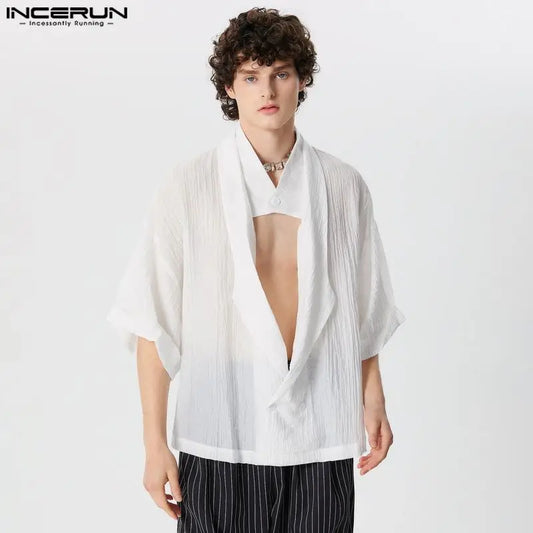 INCERUN Tops 2024 American Style Stylish Men's Suit Collar Design Shirts Leisure Solid Loose Fitting Medium Sleeved Blouse S-5XL