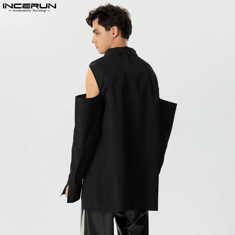 INCERUN Tops 2023 Style américain Nouvelle mode pour hommes Chemises de conception croisée Personnalité Épaule Solide Creux À Manches Longues Chemisier S-5XL