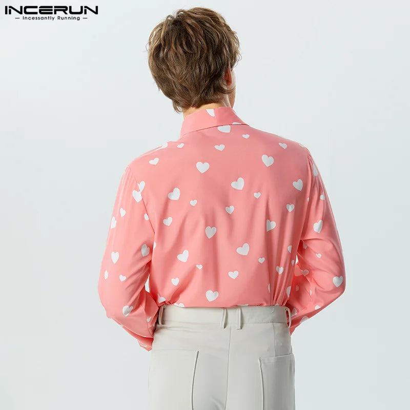 INCERUN Tops 2023 American Style New Men's Personality Love Bow Tie Design Shirts Casual Fashion Love Pattern Print Blouse S-5XL