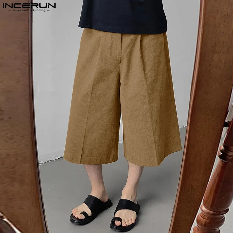 INCERUN 2024 Korean Style Trousers Mens Dual Color Plain Design Pant Casual Solid Simple All-match Loose Cropped Pantalons S-5XL