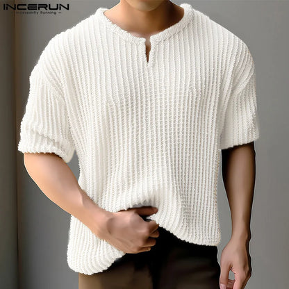 INCERUN Tops 2024 Korean Style New Men's O-neck Pit Stripe Striped T-shirts Casual Streetwear Male Short Sleeved Camiseta S-5XL