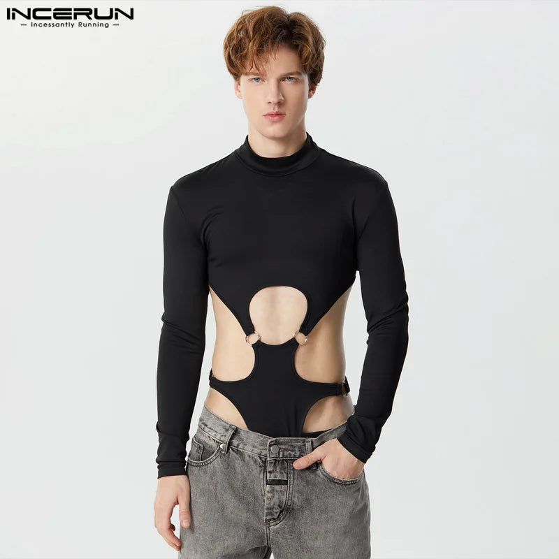 INCERUN 2023 Sexy Men's Rompers Hollow Deconstruction Design Jumpsuits Male Half High Neck Long Sleeved Triangle Bodysuits S-5XL