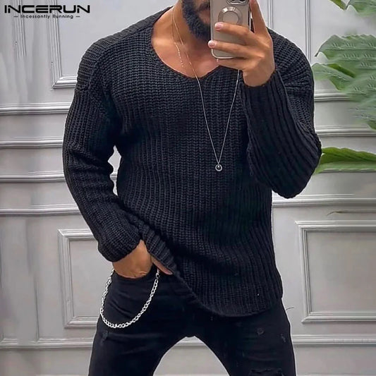 Casual Stylish Style Tops INCERUN 2024 Men's Knitted Texture T-shirts Male Solid Simple Comfortable Long Sleeved Camiseta S-5XL