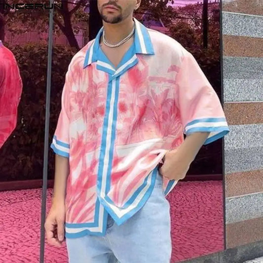 INCERUN Tops 2024 Mode De Style Américain Nouveaux Hommes Rose Floral Bleu Rayé Chemises D'été Streetwear Hommes Chemises À Manches Mi-Longues S-5XL