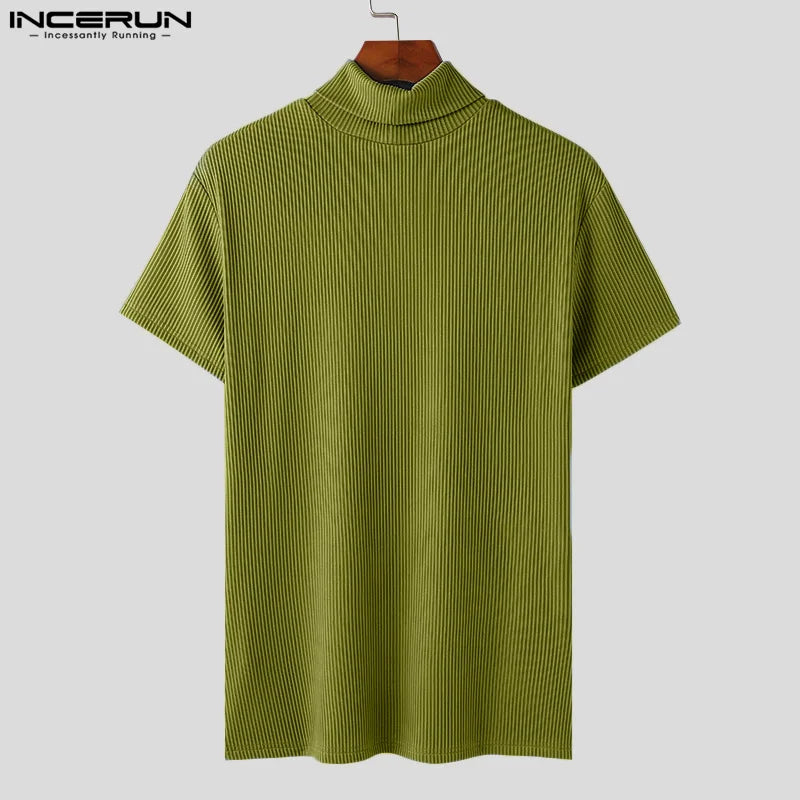 INCERUN Hommes T-shirt Col Roulé Manches Courtes Évider Couleur Unie Skinny Hommes Vêtements Streetwear Tricoté Été 2024 T-shirt Hauts