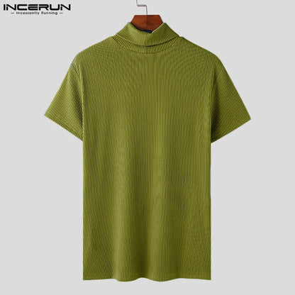 INCERUN Männer T Shirt Rollkragen Kurzarm Aushöhlen Einfarbig Dünne Männer Kleidung Streetwear Gestrickte Sommer 2024 T Tops