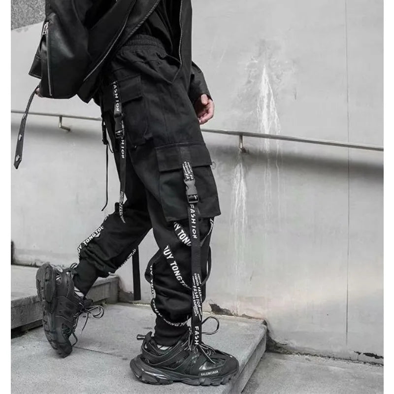 HOUZHOU Techwear Cargo Pants Men Joggers Black Cargo Trousers for Men Jogging Japanese Streetwear Hip Hop Hippie Gothic Ribbon