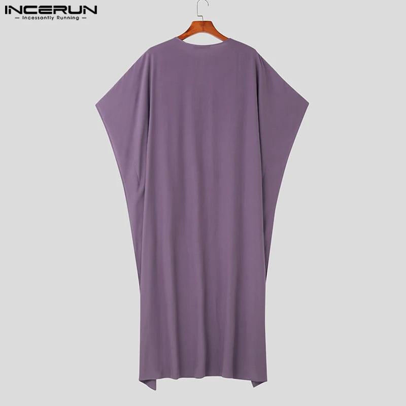 INCERUN 2023 Muslim Style Isiamic Arabic Kaftan New Mens Long-style Kaftan Robe Casual Male Solid Short Sleeve Jubba Thobe S-5XL