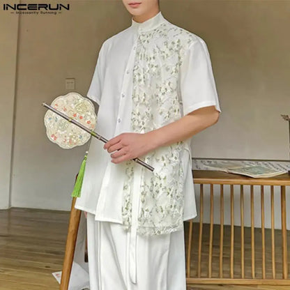 Handsome Well Fitting Tops INCERUN Men's Mesh Embroidery Splicing Design Shirts Streetwear Stand Neck Short Sleeved Blouse S-5XL