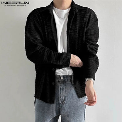 Fashion Well Fitting Tops INCERUN Men's Mesh Hollow Out Knitted Design Shirts Summer Casual Solid Long Sleeved Blouse S-5XL 2024