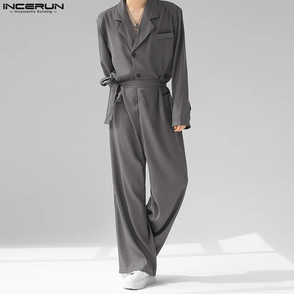 Mode Männer Overalls Einfarbig Revers Langarm Streetwear Koreanischen Stil Strampler Lose 2023 Casual Männer Overalls S-5XL INCERUN