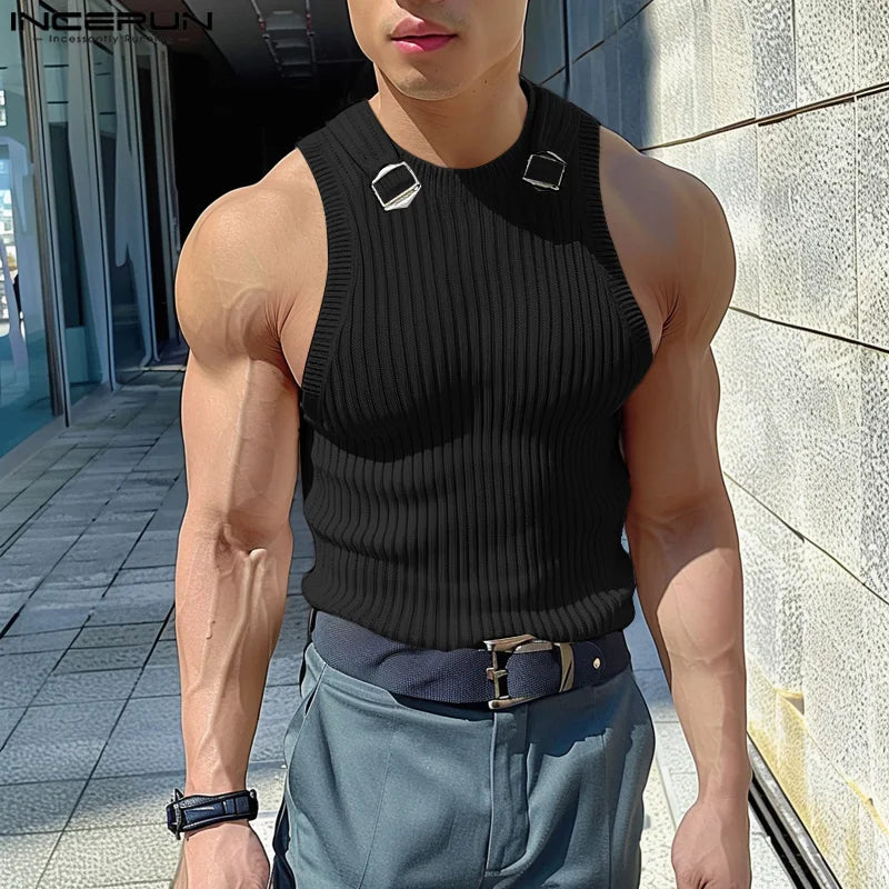 INCERUN Tops 2024 Korean Style Mens Casual Streetwear Solid Striped Metal Buckle Vests Summer Male Sleeveless O-neck Vests S-5XL