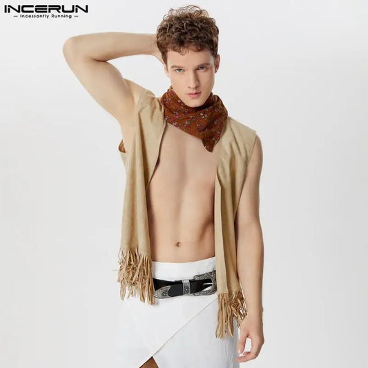 Summer Stylish Tops INCERUN Handsome Men's Suede Tassel Design Vests Casual Streetwear Male Solid Cardigan Waistcoats S-5XL 2024