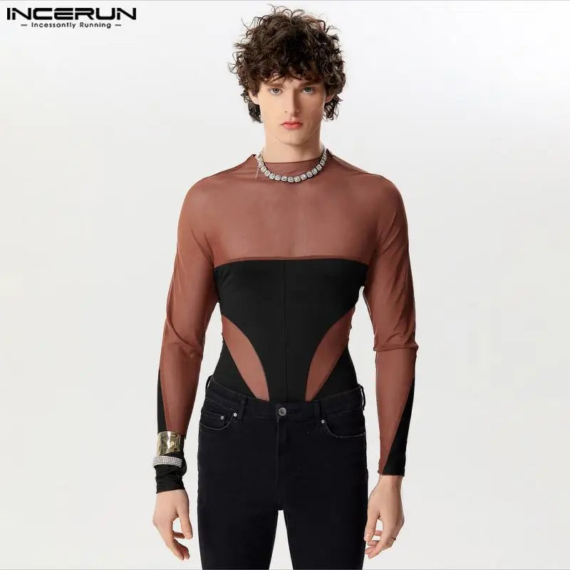 INCERUN 2024 Sexy Fashion Mens Jumpsuits See-through Mesh Deconstruction Design Splicing Long Sleeved Triangular Bodysuits S-3XL