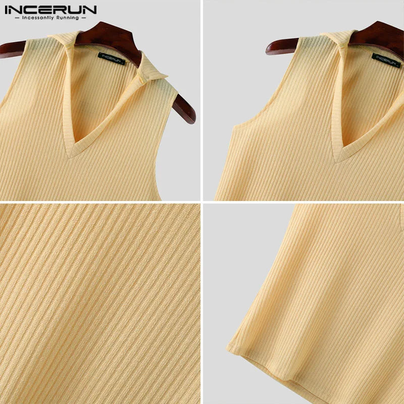 INCERUN Tops 2024 Korean Style Men's Solid Knitted Texture Vests Casual Streetwear Summer Hot Selling Sleeveless Tank Tops S-5XL