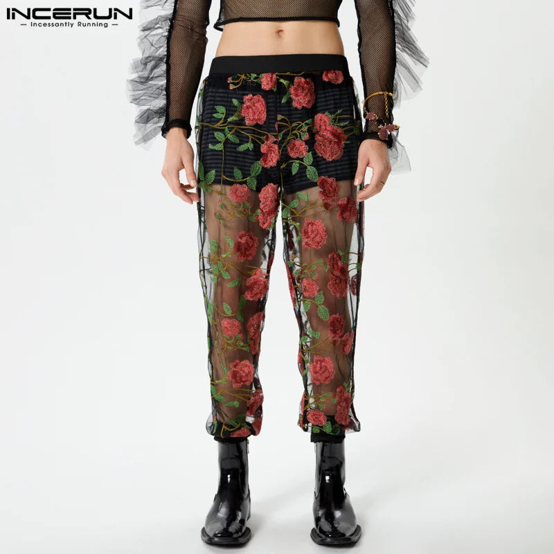 INCERUN 2024 American Style Men's Pantalons Sexy Floral Mesh Perspective Long Pants Stylish Streetwear Male Thin Trousers S-5XL