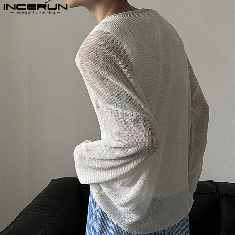 INCERUN Tops 2024 Koreanische Stil Neue Männer der Höhlte Gestrickte Design T-shirt Casual Streetwear Männlichen Dünne Lange Ärmeln Camiseta S-5XL