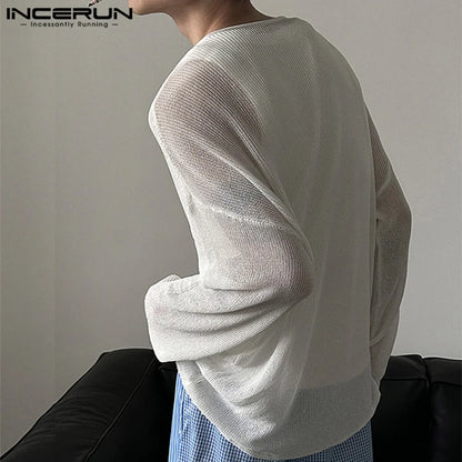 INCERUN Tops 2024 Korean Style New Men's Hollowed Knitted Design T-shirt Casual Streetwear Male Thin Long Sleeved Camiseta S-5XL