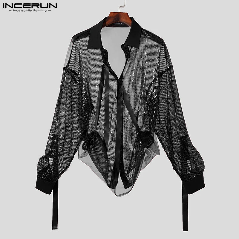 INCERUN Tops 2024 Korean Style New Mens Personality Shiny Reflective Design Shirts Casual Fashion Thin Long Sleeved Blouse S-5XL