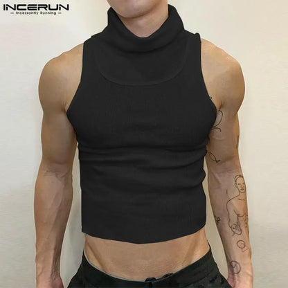 INCERUN Tops 2024 Handsome New Men's Knitted Pit Stripe Design Vests Casual Street Solid High Neck Tight Fitting Tank Tops S-5XL