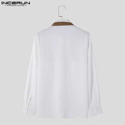 INCERUN Men's Casual Shirt Patchwork Lapel Long Sleeve Button Men Clothing 2024 Korean Style Streetwear Fashion Shirts S-5XL