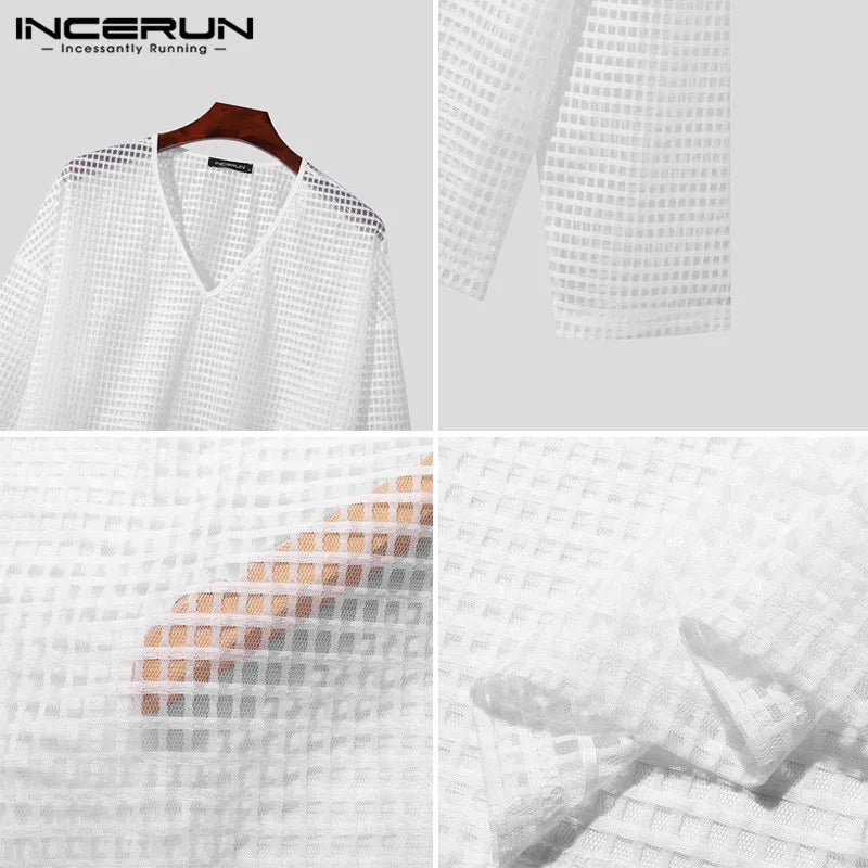 INCERUN Tops 2024 Korean Style Mens Solid Checkered Perspective T-shirts Fashionable V-neck Shoulder Long Sleeved Camiseta S-5XL