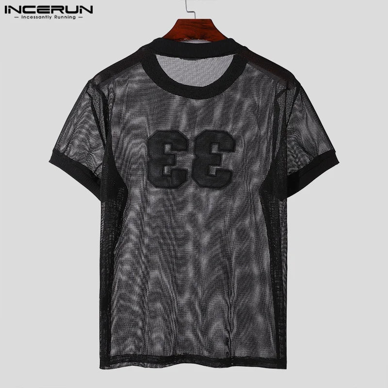 INCERUN Tops Amerikanische Mode für Männer Mesh-Stoff Ziffern gedruckt T-Shirt Casual Persönlichkeit O-Ausschnitt Kurzarm Camiseta S-5XL