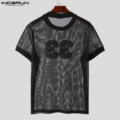 INCERUN Tops American Style Fashion Men Mesh Fabric Digit Printed T-shirt Casual Personality O-neck Short Sleeved Camiseta S-5XL