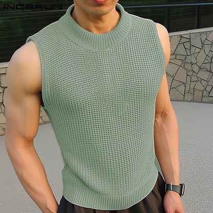 INCERUN Tops 2024 Korean Style New Men Knitted Fabric Solid Vests Leisure Streetwear Hot Selling Male Sleeveless Tank Tops S-5XL