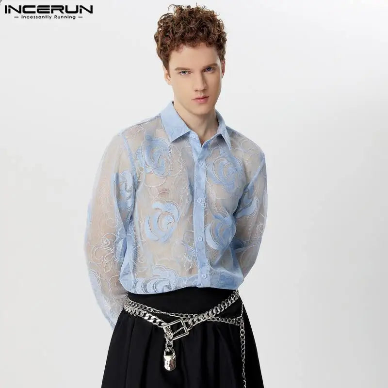 Sexy Stylish Style Tops INCERUN New Mens Lace Floral Mesh Hollow See-through Shirts Male Clubwear Thin Long Sleeved Blouse S-5XL