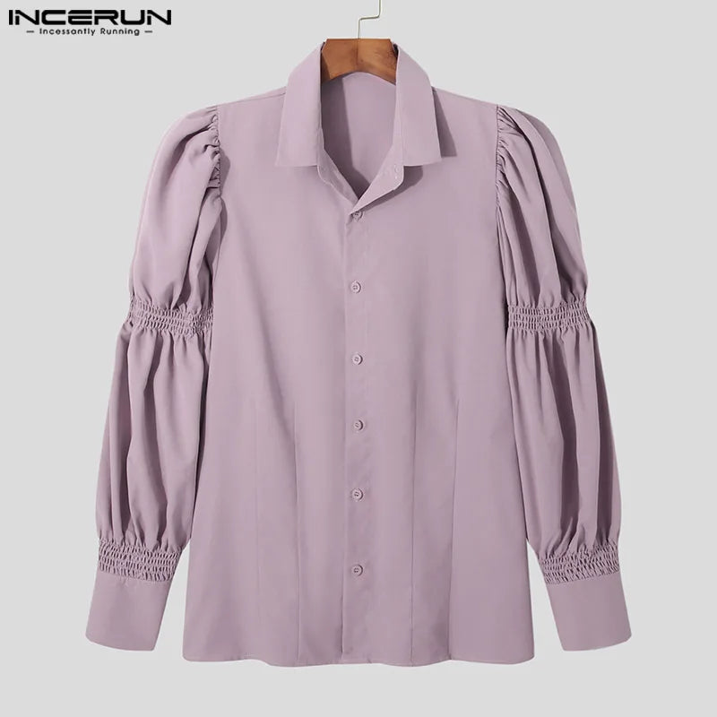 INCERUN Tops 2024 American Style New Men Solid Puff Sleeve Shape Blouse Fashion Party Shows Male Loose Long-sleeved Shirts S-5XL