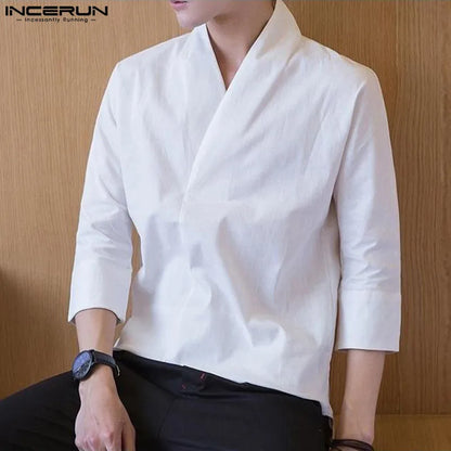 INCERUN Tops 2024 Korean Style Men's Solid Color Ethnic Style Shirts Casual Simple Male Well Fitting Short Sleeved Blouse S-5XL