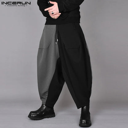 INCERUN 2024 Korean Style Men's Trousers Fashion Wide Leg Long Pants Casual Streetwear Patchwork Color Contrast Pantalons S-5XL