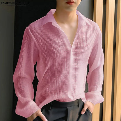 INCERUN Tops 2024 Korean Style New Men V-neck Texture Lapel Collar Shirts Fashionable Male Solid Color Long Sleeved Blouse S-5XL