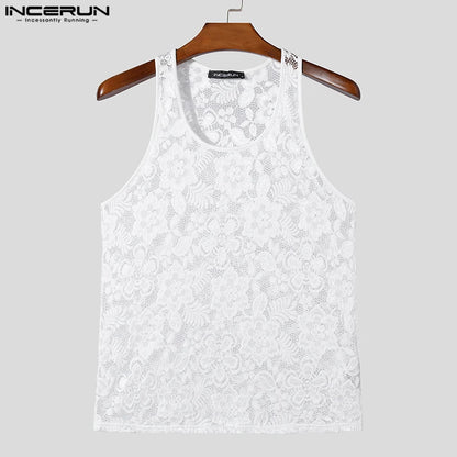 INCERUN Tops 2024 American Style Men's Hollow Lace Print Design Vests Casual Simple Male Comfortable Sleeveless Tank Tops S-5XL